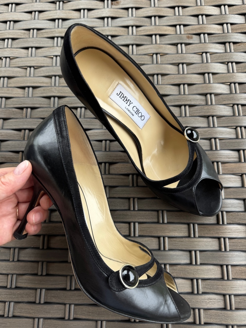 Vintage Jimmy Choo Black Leather Peep Toe Mary Jane Heels Pumps Size 36,5 - Picture 2 of 15